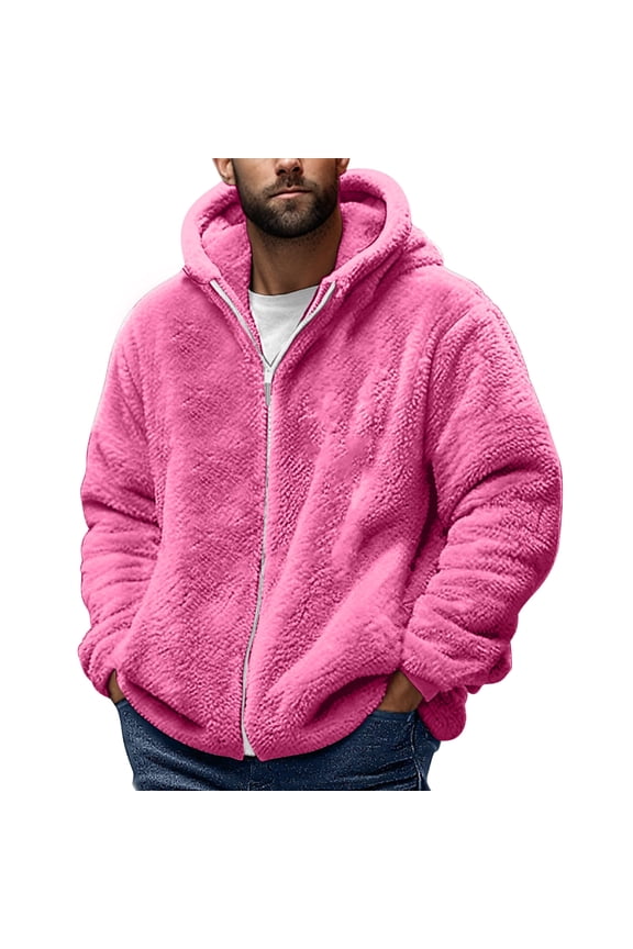 Hanes Men's Fuzzy Sherpa Athletic Hoodie Heavyweight Fleece Jacket Zip Up Hooded Sweatshirt Sports Coat-Hot Pink L