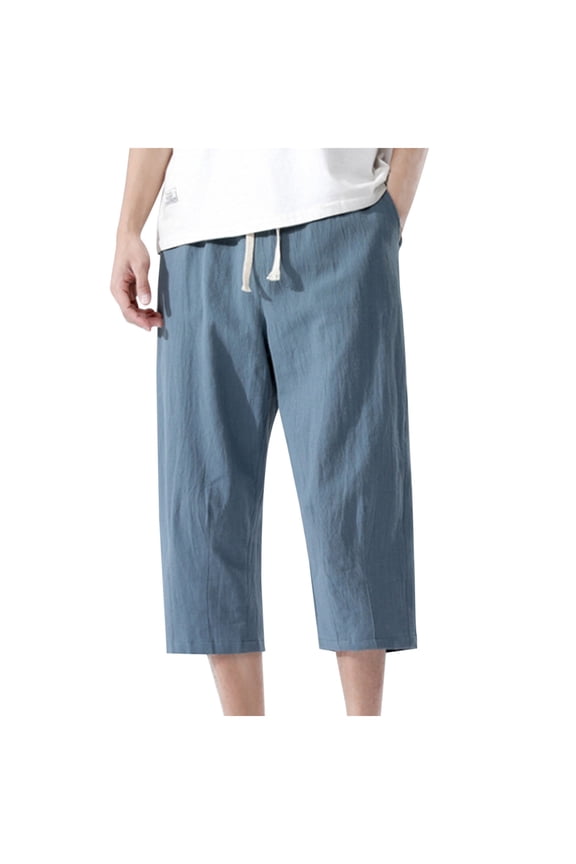 Hanes Men's Linen Cotton Capri Pants Loose Fit Elastic Waist Wide Leg Baggy Harem Pants Big and Tall Men Sports Pants Light Blue XL