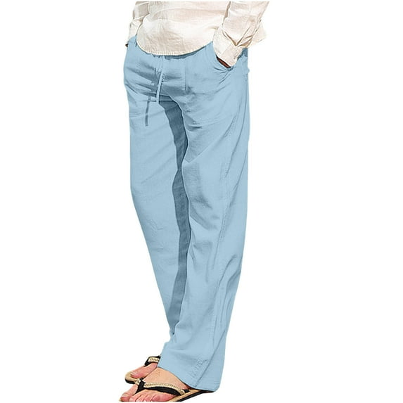 Aimik Hanes Men's Linen Pants Big and Tall Casual Elastic Waist Drawstring Yoga Beach Pants Sports Workout Pants Cotton Linen Pants Lightweight Loose Fit Trousers with Pockets Light Blue M
