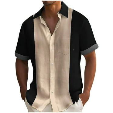 Aimik Hanes Men's Linen Shirts Vintage Colorblock Short Sleeve Men Plus Size Button Down Tshirt Summer Hawaiian Beach Tops Casual-Black XXXL