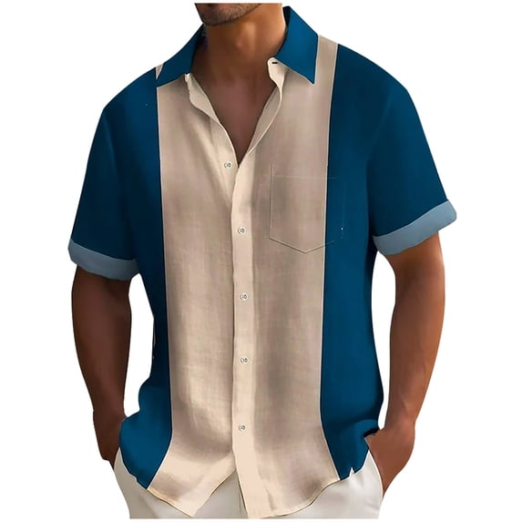 Aimik Hanes Men's Linen Shirts Vintage Colorblock Short Sleeve Men Plus Size Button Down Tshirt Summer Hawaiian Beach Tops Casual-Blue XXXL