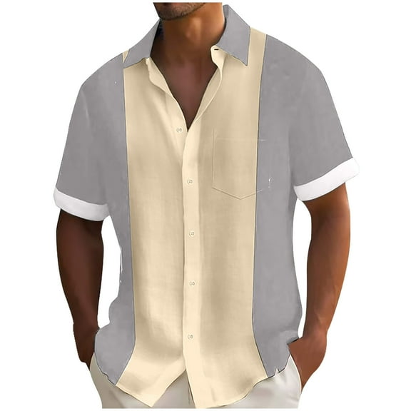 Aimik Men's Linen Shirts Vintage Colorblock Short Sleeve Men Plus Size Button Down Tshirt Summer Hawaiian Beach Tops Casual-Gray S