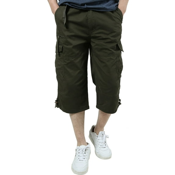 Aimik Hanes Men's Long Cargo Shorts Casual Below Knee 13 Inches Capri Shorts Relaxed Fit Big and Tall Men Sports Shorts Cotton Linen Shorts Pants with Pockets Army Green XXL