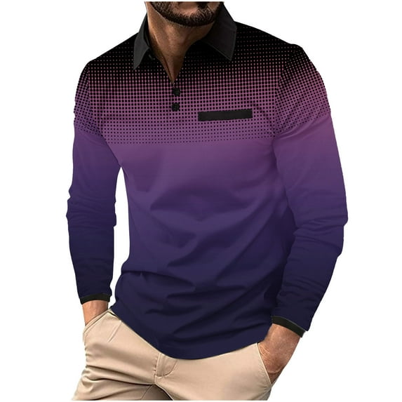 Aimik Men's Long Sleeve Polo Shirts Fashion Color Block Golf Polo Shirts Casual Button Collar Tennis Shirt Tops-Dark Blue L