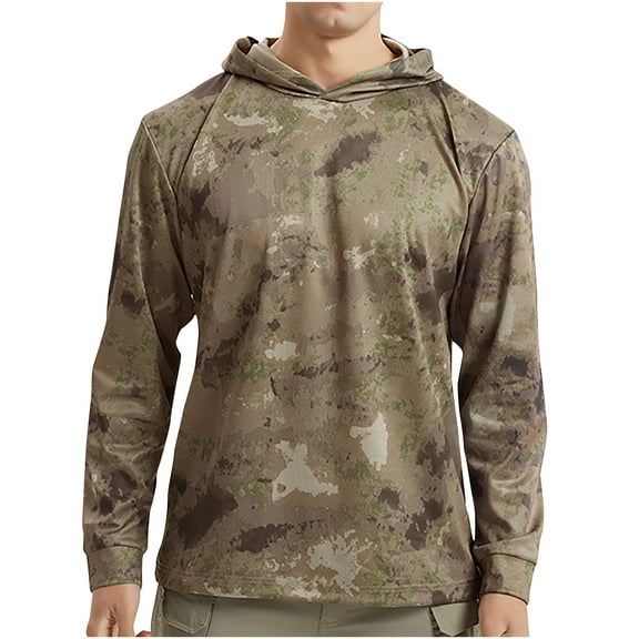 Aimik Hanes Men's Long Sleeve Sun Protection Shirts Lightweight Hunting Shirt Quick Dry Fishing Hoodie Summer Camouflage Shirts-Khaki XXL