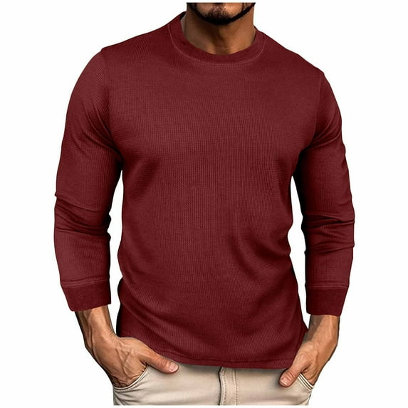 Aimik Hanes Men's Long Sleeve Workout Sweatshirt Stretchy Ribbed Athletic Raglan Pullover Shirt Heavy Or Medium Weight Premium Waffle Thermal Long Sleeve Crewneck Shirt-Wine M
