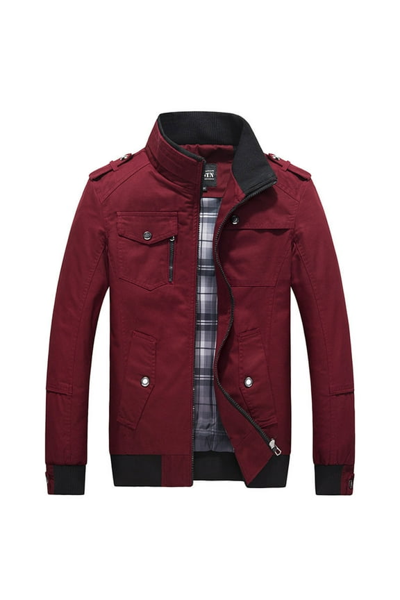 Hanes Men's Military Jacket Casual Bomber Jacket Stand Collar Canvas Jacket Windbreaker-Red XXXXL