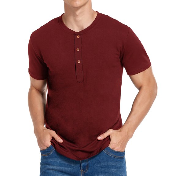 Aimik Men's Moisture Wicking Pima Cotton Henley Shirts Loose Fit Short Sleeve Athletic T-Shirts Workout Tees-Wine M
