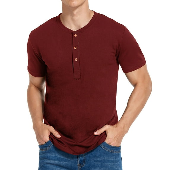 Aimik Hanes Men's Moisture Wicking Pima Cotton Henley Shirts Loose Fit Short Sleeve Athletic T-Shirts Workout Tees-Wine XL