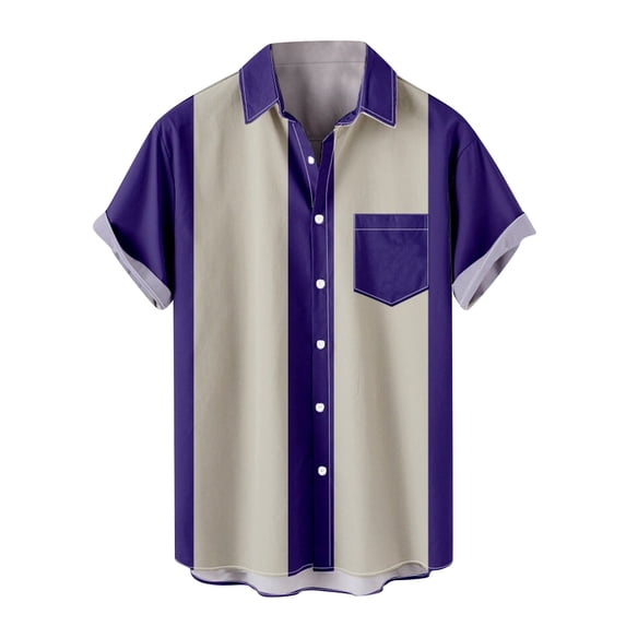 Aimik Hanes Men's Retro Button Down Bowling Shirts 50S Rockabilly Style Summer Tops Cuban Style Camp Shirt with Pocket-Purple XXL