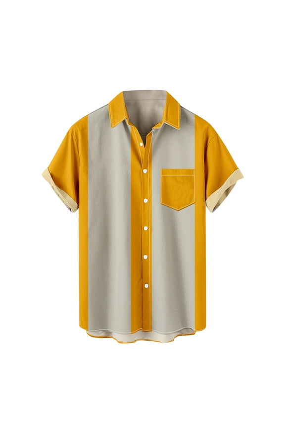 Hanes Men's Retro Button Down Bowling Shirts 50S Rockabilly Style Summer Tops Cuban Style Camp Shirt with Pocket-Yellow S