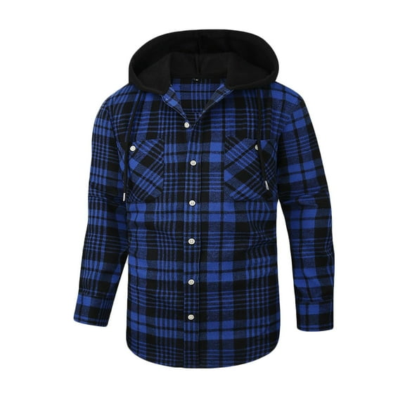 Aimik Hanes Men's Sherpa Flannel Jacket with Hood Plaid Zip Up Fleece Lined Hooded Shirt Jackets for Men-Blue L