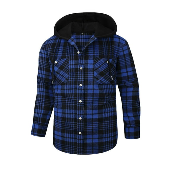 Aimik Hanes Men's Sherpa Flannel Jacket with Hood Plaid Zip Up Fleece Lined Hooded Shirt Jackets for Men-Blue L