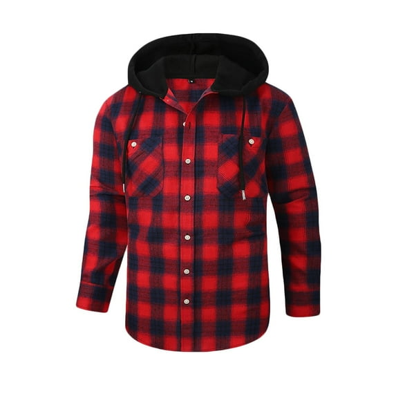Aimik Hanes Men's Sherpa Flannel Jacket with Hood Plaid Zip Up Fleece Lined Hooded Shirt Jackets for Men-Red XL