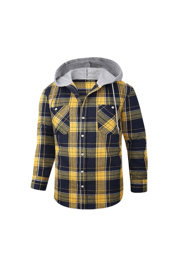Hanes Men's Sherpa Flannel Jacket with Hood Plaid Zip Up Fleece Lined Hooded Shirt Jackets for Men-Yellow L