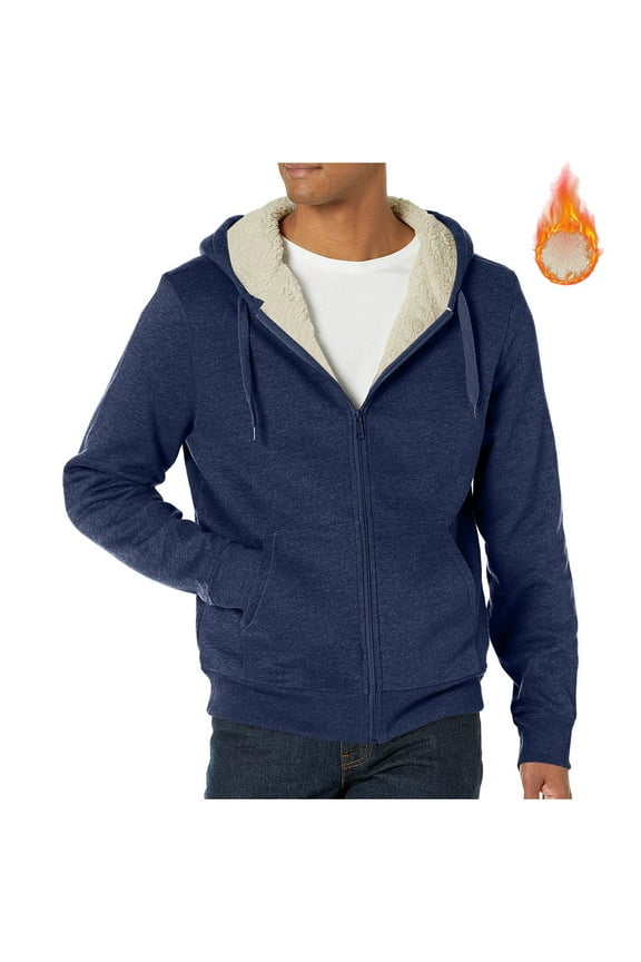 Hanes Men's Sherpa Lined Hoodie Full Zip Up Heavyweight Hooded Jacket Sweatshirt Fleece Fall Winter Coat with Pocket-Blue L