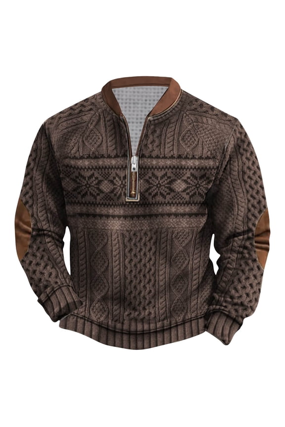 Hanes Men's Vintage Knit Print Zip-up Sweatshirt Casual Long Sleeve Stand Collar Button Pullover Sweatshirts-Brown M