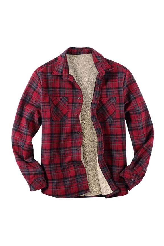 Hanes Men's Winter Thick Fleece Lined Warm Plaid Flannel Shirt Jackets Casual Button Down Pockets Sherpa Coats Red L