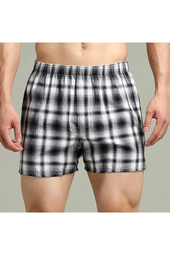 Mens Boxers Premium 100% Cotton Soft Loose Pajama Plaid Sleep Shorts Male Short Leg Funny Boxers Small Medium Large-Black XL