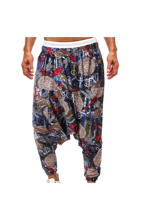 Hanes Mens Cotton Baggy Hippie Boho Gypsy Aladdin Yoga Harem Pants Casual Drop Crotch Trouser Elastic Waisted Yoga Harem Pants Navy L