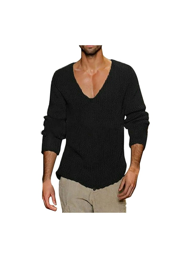 Hanes Mens Deep V Neck Sweater Big and Tall Slim Fit Lightweight Knitted Pullover Stylish Sweater Muscle Long Sleeve Low Cut Vneck Tee Black XL