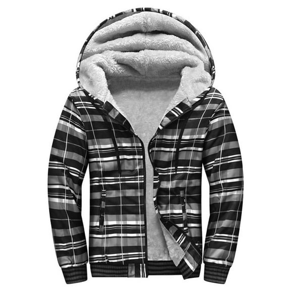 Aimik Hanes Mens Flannel Hoodie Jacket Fleece Lined Flannel Shirt Plaid Zip Up Sherpa Hooded Sweatshirt Warm Winter Coat-Black XXXL