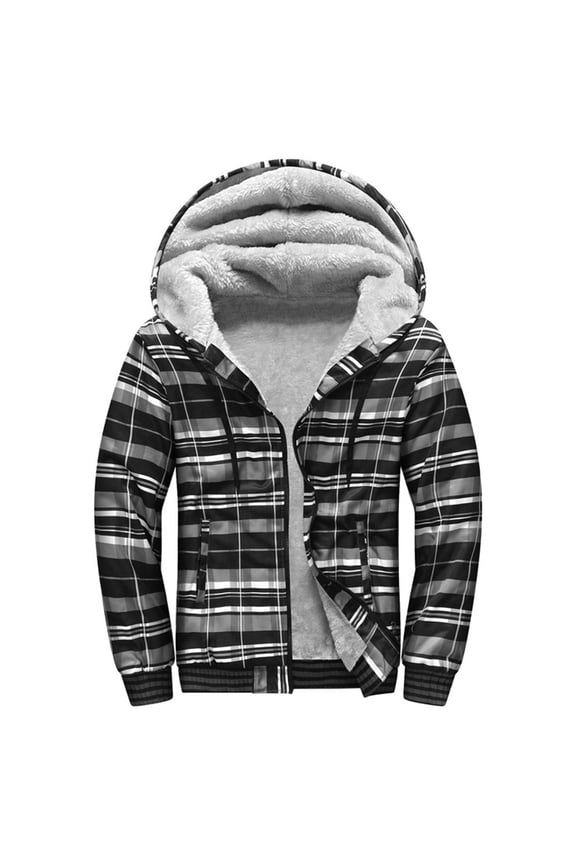 Hanes Mens Flannel Hoodie Jacket Fleece Lined Flannel Shirt Plaid Zip Up Sherpa Hooded Sweatshirt Warm Winter Coat-Black XXXL