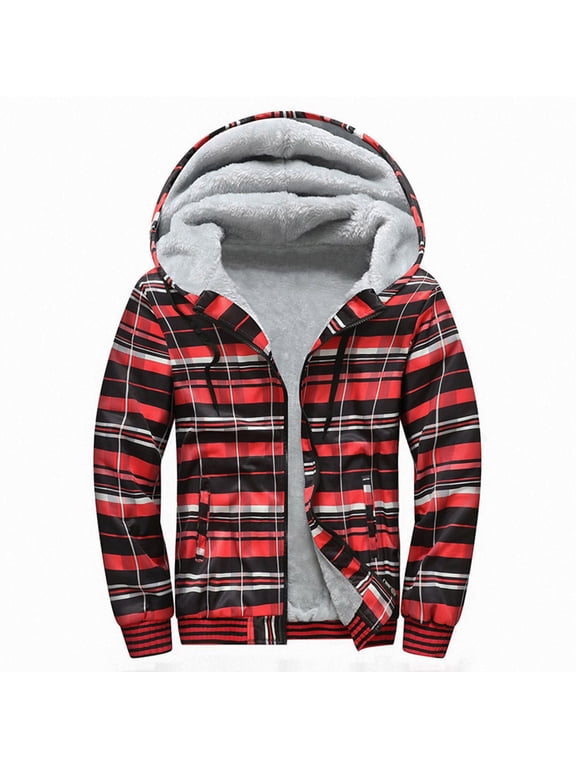Hanes Mens Flannel Hoodie Jacket Fleece Lined Flannel Shirt Plaid Zip Up Sherpa Hooded Sweatshirt Warm Winter Coat-Red L
