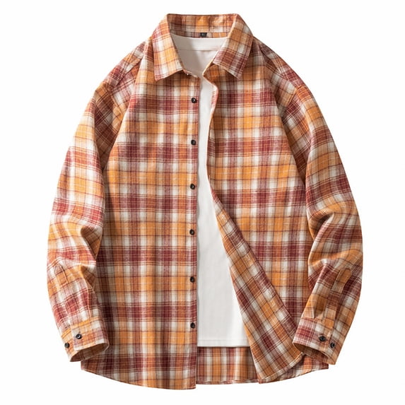 Aimik Mens Flannel Shirts Shackets Casual Button Down Long Sleeve Plaid Shirt Fall Cotton Lightweight Jackets-Orange XXXL