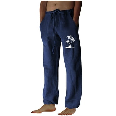 Aimik Hanes Mens Linen Pants Beach Hawaii Print Casual Summer Casual Pants Elastic Waist Drawstring Baggy Trousers with Pockets-Blue L