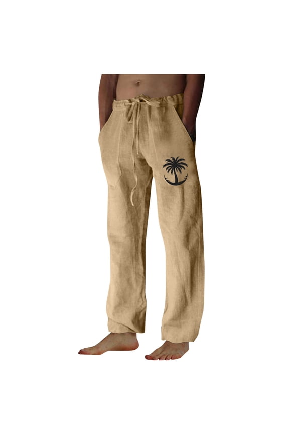Hanes Mens Linen Pants Beach Hawaii Print Casual Summer Casual Pants Elastic Waist Drawstring Baggy Trousers with Pockets-Khaki S