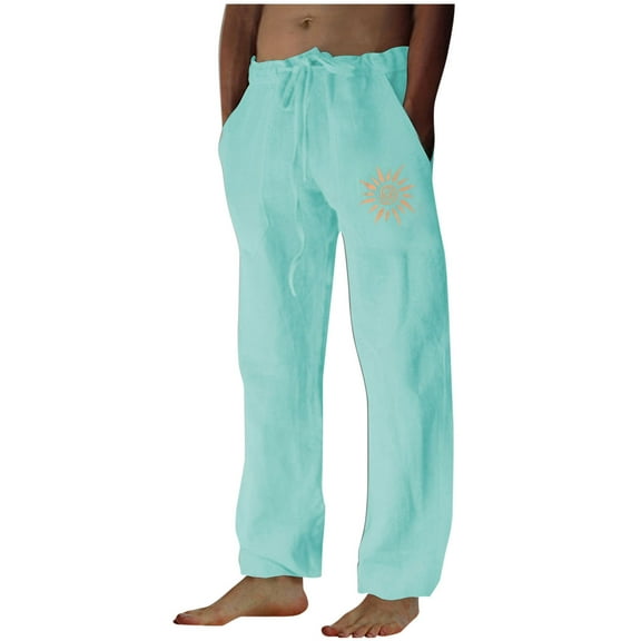 Aimik Hanes Mens Linen Pants Beach Hawaii Print Casual Summer Casual Pants Elastic Waist Drawstring Baggy Trousers with Pockets-Mint Green S