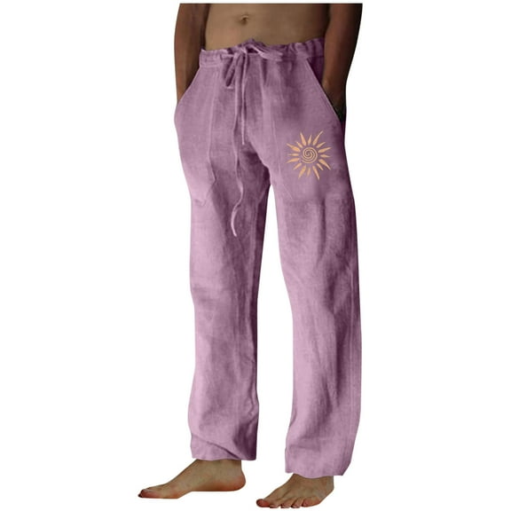 Aimik Mens Linen Pants Beach Hawaii Print Casual Summer Casual Pants Elastic Waist Drawstring Baggy Trousers with Pockets-Purple M