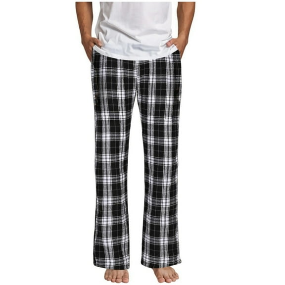 Aimik Hanes Mens Pajama Pants Long Sleep Pants Soft Elastic Waist Pajama Bottoms Plaid Lounge Pants with 2 Pockets-Black S