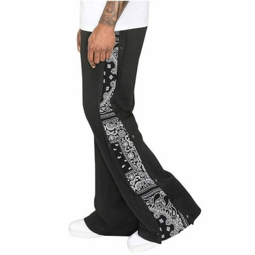 Aimik Hanes Mens Stacked Flared Sweatpants Casual Athletic Flares Pants Loose Patchwork Streetwear Print Trousers Joggers-Black L