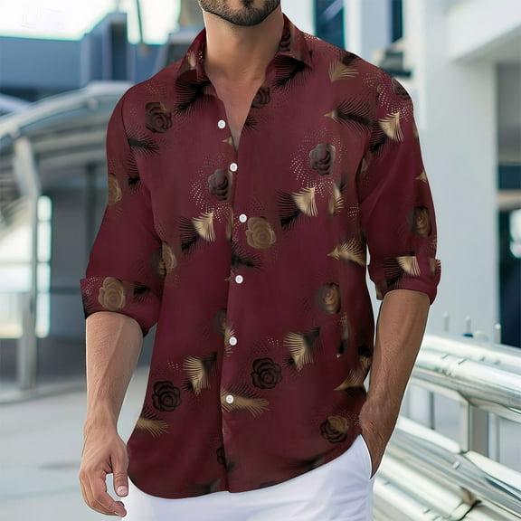 Aimik Mens Stretch Dress Shirts Hippie Cuban Shirts Long Sleeve Slim Fit Button Down Shirts Quick Dry Wedding Prom Shirts-Wine S