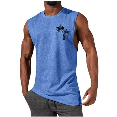 Aimik Hanes Mens Summer Beach Tank Top Hawaiian Palm Tree Print Sleeveless Basic Muscle Tee Vacation Tops-Blue L