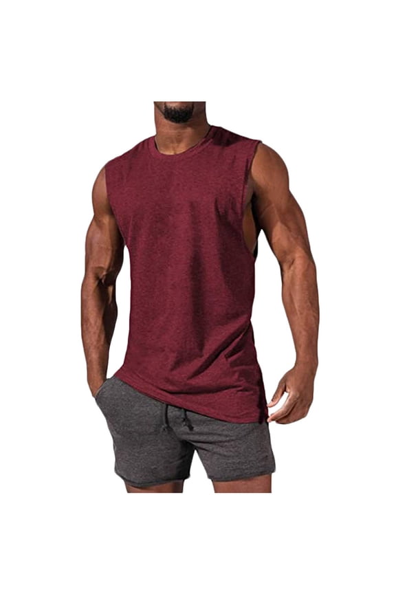 Mens Summer Beach Tank Top Hawaiian Palm Tree Print Sleeveless Basic Muscle Tee Vacation Tops-Wine L