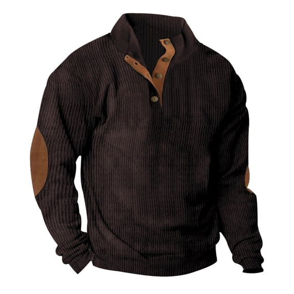 Aimik Mens Sweatshirt Corduroy Tactical Henley Shirts Long Sleeve Elbow Patch Draped Pullover Casual Stand Collar Slim Shirt-Brown S