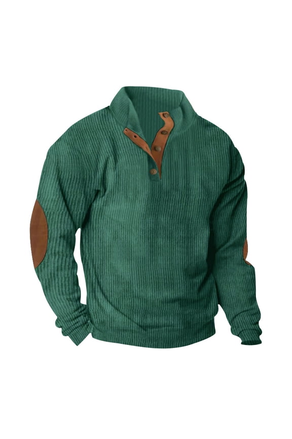 Hanes Mens Sweatshirt Corduroy Tactical Henley Shirts Long Sleeve Elbow Patch Draped Pullover Casual Stand Collar Slim Shirt-Green M