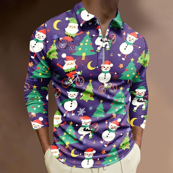 Aimik Hanes Mens Ugly Christmas Shirt Quarter Zip Up Polo Shirts Turtleneck Long Sleeve Slim Fit Polo Pullover