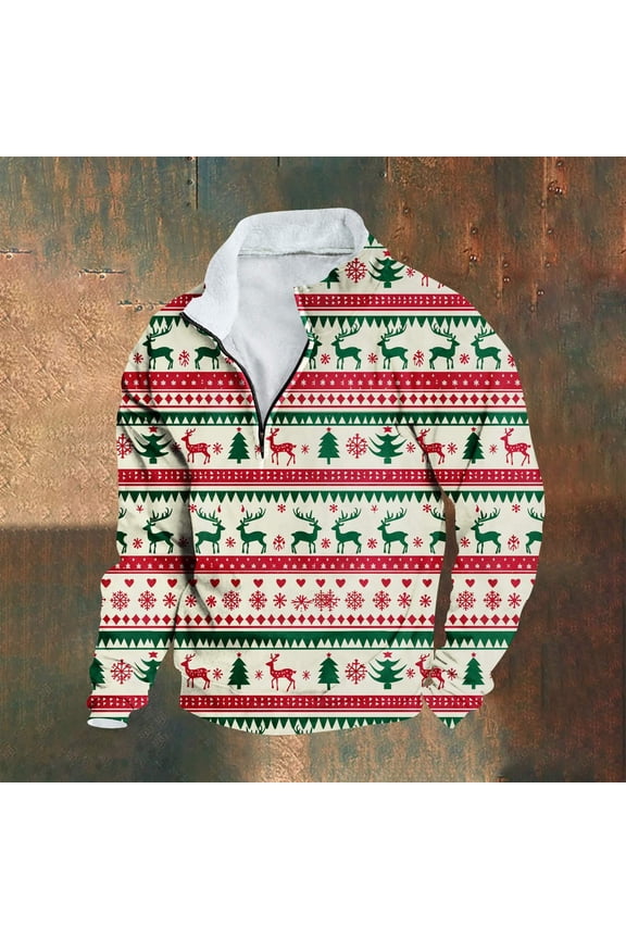 Mens Ugly Christmas Sweatshirt 2025 Corduroy Casual Graphic Long Sleeve Button Vintage Pullover Stand Collar Sweater-Multicolor M