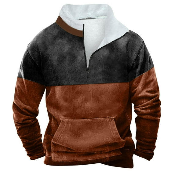 Aimik Hanes Quarter Zip Pullover Men Vintage Sherpa Fleece Collar Sweater Fall Casual Solid Sweatshirt Men's Autumn Winter Hoodies with Patched Elbow Brown L