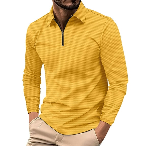 Aimik Slim Fit Polo Shirts for Men Basic Quarter Zip Long Sleeve Polo Shirts Breathable Collared Performance Pullover-Yellow M