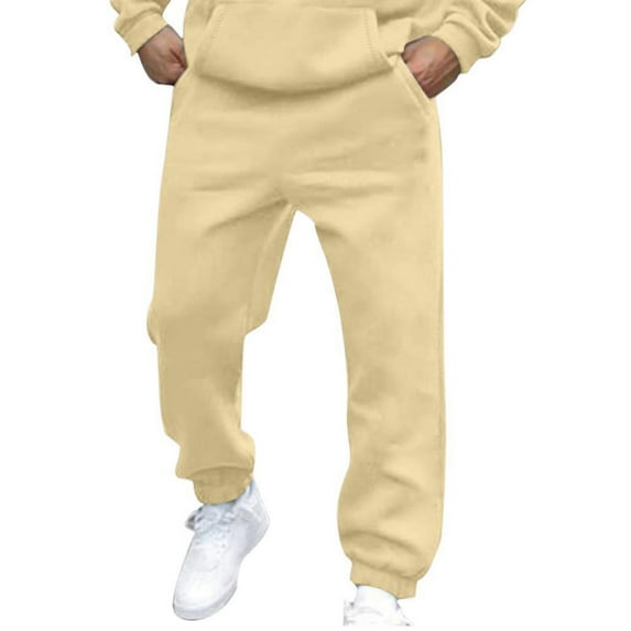 Aimik Sweatpants for Men Open Bottom Wide Leg Baggy Sweatpants Cotton Casual Yoga Athletic Lounge Pants with Pockets-Beige L