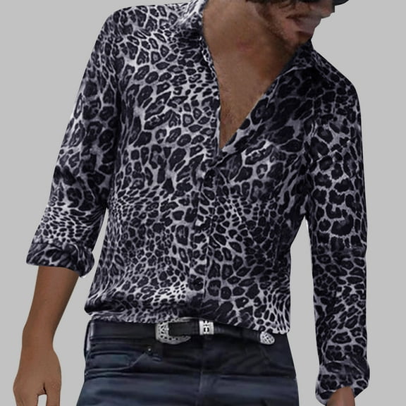 Aimik Hanes Up to 65% off Clearance Men's Fashion Leopard Lapel Shirts - Dressy Long Sleeve Button Down Business Casual Shirt-Black XXXL