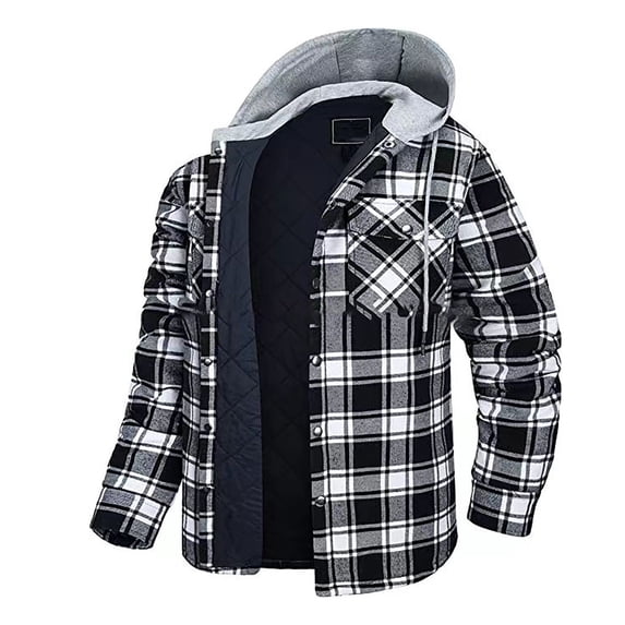 Aimik Up to 65% off Men's Flannel Jacket with Hood Quilted Lined Plaid Jacket Cotton Button Down Hooded Jackets-Black L