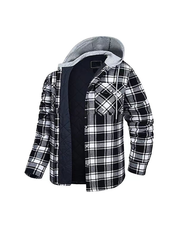 Up to 65% off Men's Flannel Jacket with Hood Quilted Lined Plaid Jacket Cotton Button Down Hooded Jackets-Black M