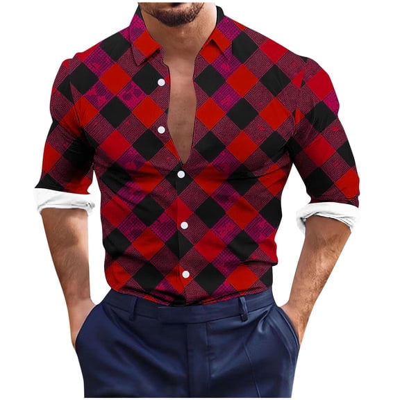 Aimik Up to 65% off Men's Long Sleeve Plaid Shirts Button Down Dress Shirts Casual Regular Fit Shirts-Red XXL