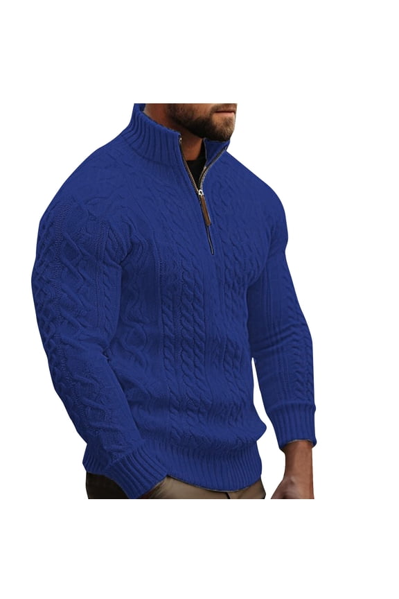 Up to 65% off Men's Quarter Zip Sweaters Slim Fit Lightweight Cotton Knitted Casual Mock Neck Pullover Sweaters-Blue L